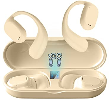 Open Ear Kopfhörer kabellos Bluetooth Sportkopfhörer mit Mikrofon Luftleitung Knochenschall Ohrhörer wasserdicht wireless Bone Conduction Headphones mit Ohrhaken für Workout Laufen Joggen Beige