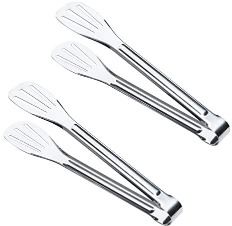 BEHAHAI 2PCS Food Serving Tongs, 7'' Stainless Steel Buffet Tongs Frying BBQ Kitchen Cooking Salad for Bread Cake Wedding Utensils Party Candy Bar, Silver