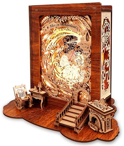 FUNPOLA Alice im Wunderland LED 3D Puzzle Nachtlicht – DIY Buchlampe mit Uhr – 3D Holzpuzzle Heimdekoration für Kinder und Erwachsene