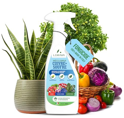 LERAVA Fongicide Cuivre Soufre (4x700 ml) - Traitement Naturel et Bio contre Oïdium, Mildiou et Maladies des Plantes - Protection Efficace pour Rosiers, Vignes et Jardin - Formule Facile à Utiliser