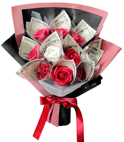 Ribbonbonbox Mazzo di fiori artificiali, per laurea, compleanno, anniversario, congratulazioni, salvadanaio per contanti (rosso)