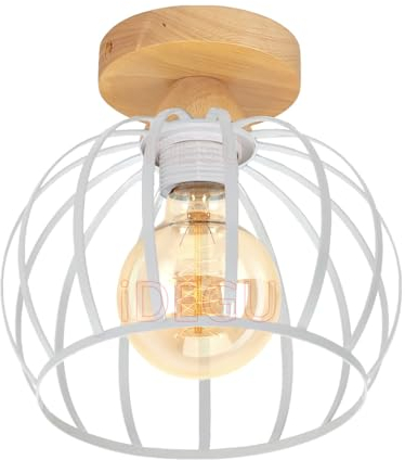 iDEGU Plafoniera Vintage 20CM Lampadario Soffitto Industriale in Legno e Metallo Design Gabbia E27 Illuminazione Moderna Lampada da Soffitto per Corridoio Camera da Letto Soggiorno Cucina (Bianco)