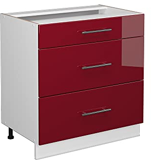 Vicco Küchenunterschrank Fame-Line, Bordeaux Hochglanz/Weiß, 80 cm mit 3 Schubladen, AP Anthrazit
