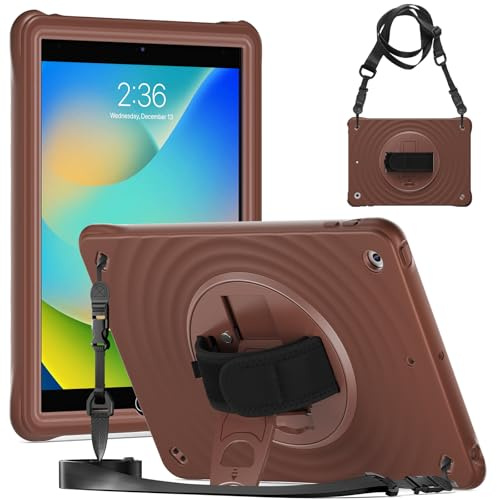 Gerutek Custodia Antiurto per iPad 9/8/7 Generazione 10.2'', Cioccolato | custodia robusta Bambini supporto 360° cinghia a mano tracolla e portapenne cover protettiva anticaduta iPad 10.2 gen