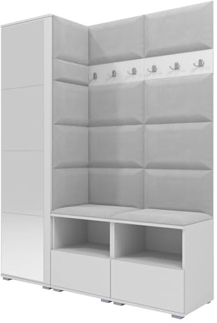 RAVIO Flurgarderobe 150 cm Ink. Schuhschrank mit Sitzbank & Garderobe mit Spiegel, Garderobe Set mit Garderobenpaneel, Wandpolster & Push to Open Türen - Weiß/Wandpaneel Hellgrau