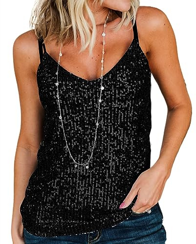 AirMood Women Sexy Scoop Neck Sparkle Shimmer Tank Vests Sequins Tops Disco Sequin Tank,Noir, M