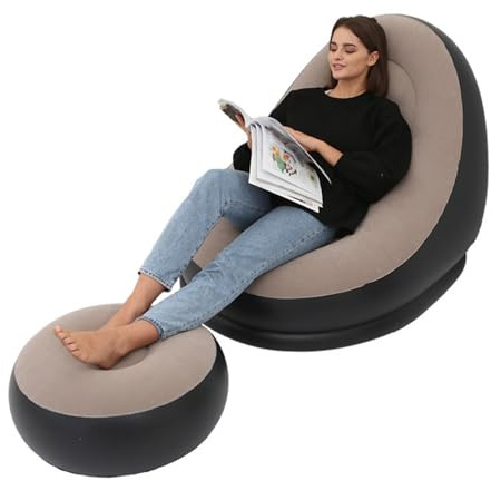 Leapiture Aufblasbarer Stuhl, faltbar, beflocktes PVC, bequem mit Fußhocker, Lounge-Sessel für Outdoor-Camping-Reisen (Braun)