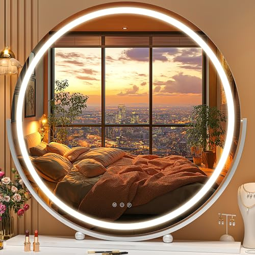 Hasipu LED Kosmetikspiegel Rund 70x70cm, Schminkspiegel mit Beleuchtung, Dimmbar 3 Lichtmodi, Touch-Spiegel mit Memory-Funktion, 360°-Drehung, Weißer Rahmen für Schminktisch