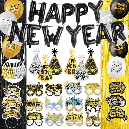 DPKOW 82 x Decoration Cotillons Nouvel an 2026 Paillettes, Rideau Ballon NOUVEL AN Bonne Année Chapeaux Serre Tete Lunettes Paillette Sifflets de Fête pour Nouvel an Déco Kit Accessoires