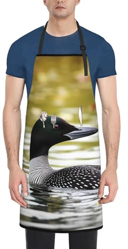 Loon Nature Latzschürze mit Tasche, wasserdicht, mit Vogelmotiv, für Erwachsene, lange Grillschürze, verstellbar, Küche, Gartenschürze für Koch, Herren und Damen, Schwarz , One size