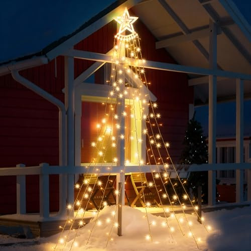 GloBrite Outdoor Curtain Star Fairy Lights, Hanging Window Waterfall Lights, 350 LED, Waterproof, Christmas Tree Lights, Plug in - Christmas Decorations (Warm White)