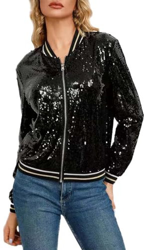 Damen Pailletten Jacke Karneval Glitzer Blazer Langarm Disco Party Club Pailettenjacke Glänzend Bolero Mantel Bomberjacke Kurz Cardigan Tops Mottoparty Festliches Silvester Outfit Fasching Kostüm
