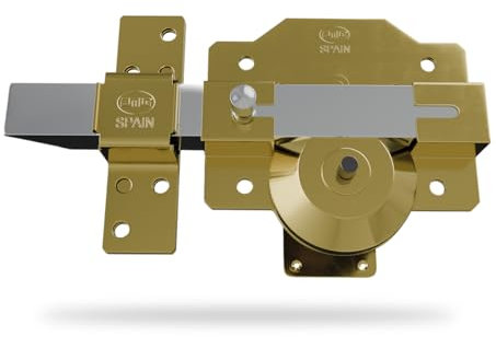 Amig - Cerrojo de Sobreponer con Resbalón de Alta Seguridad - Cilindro 50 mm - 90 x 154 mm - Acero - Oro - Antibumping y Antitaladro - Cierre a la Derecha