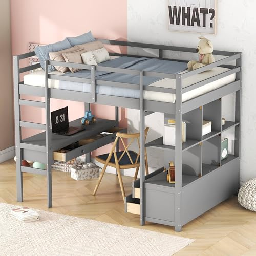 Zenespaoox Hochbett 140x200 cm mit Schreibtisch und Schubladen, Einzelbett Holzbett mit Rausfallschutz und Ablagefächern, Bettgestell mit Lattenrost, Bett für Jugendliche und Kinder, Grau