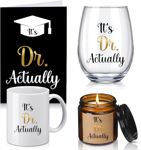 Set regalo da 4 pezzi It's Dr Actually per dottorato di dottorato di laurea medica tazza da caffè da 325 ml e bicchiere da vino senza stelo da 510 ml regalo di laurea per laurea medica 2025