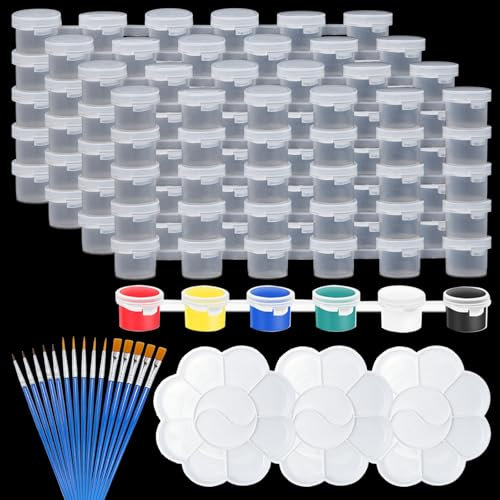 Sixfolo 120 Vasi di Vernice Vuoti 5ml 20 Strisce Barattoli per Vernice Vuoti in Plastica Mini Vasi per Pittura Vuoto Piccoli Contenitore Vernice con 15 Pennelli e 3 Palette per Aule,Scuole,Dipinti