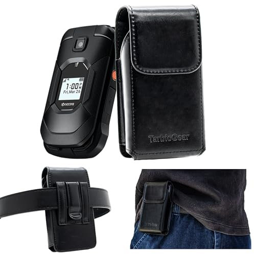 TarbicGear Leather Flip Phone Case with Belt Clip, Pouch for Kyocera & TCL & Nokia Flip Phone Holster for Belt, Cat S22 Case, Phones Sheath, Sonim XP3 Plus Magnetic Phones Pouch (Black)