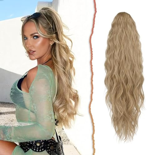 Sofeiyan Ponytail Extension, 66 cm Lang Gewellt Pferdeschwanz Haarteil mit Kordelzug Pferdeschwanz Haarverlängerungen Zopf Synthetik Haar Extensions Zopf für Frauen,Dunkelblond & Bleichblond