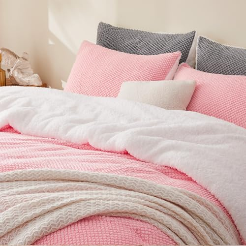 Andency Pink Comforter Set Queen (90x90), Soft Fluffy Thick Fleece Bedding Set, Faux Fur Sherpa 3-Piece Bed Comforter Sets with 2 Pillowcases for Girls