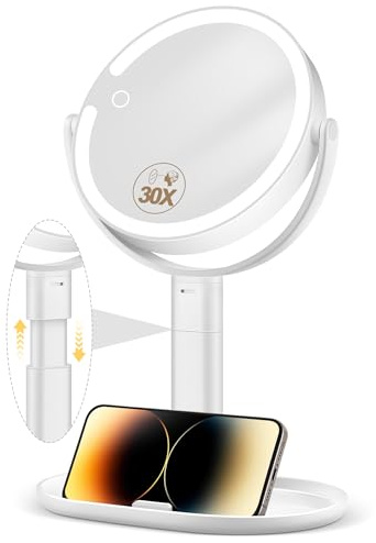 MOMOKUBA Kosmetikspiegel mit Beleuchtung, Vergrößerungsspiegel mit Licht 30fach, Kosmetikspiegel mit Vergrößerung 7, Doppelseitig 3 Farben 64 Led, Schminkspiegel mit Beleuchtung 360° Drehbar, Weiß