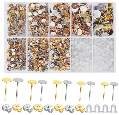 2000 Stück Ohrringe Rohling Set, Ohrstecker Rohlinge mit 10/8/6/5/4mm, Flach Pad, Ohrringe Selber Machen Set, Runde Metall Ohrstecker für DIY Schmuckherstellung(2 Stile)
