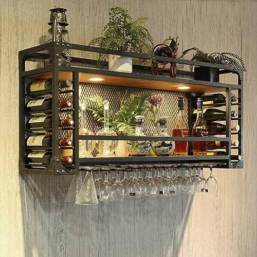 Portavino montato a parete con riflettore in alluminio, portabicchieri per bottiglie di vino sospeso e portabicchieri in metallo di legno per accessori di arredamento di casa in cucina (Colo