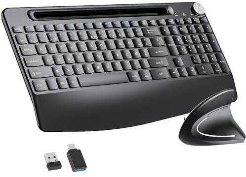 Clavier Ergonomique Pleine Taille et Souris Verticale sans Fil 2,4 GHz avec Support pour tablettes, Repos-Poignet et Bouton de Volume, adapté aux Ordinateurs Portables Mac/PC et Chromebook
