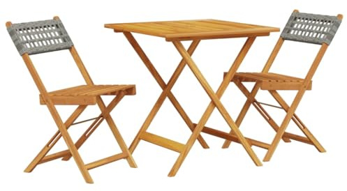 Qnhdfrt 3-TLG. Bistro-Set, Gartenmöbel Set aus Akazienholz und PE-Rattan, klappbarer Gartentisch und 2 Gartenstühle, Sitzgruppe für Balkon, Terrasse und Garten, Grau, 70x70x75 cm