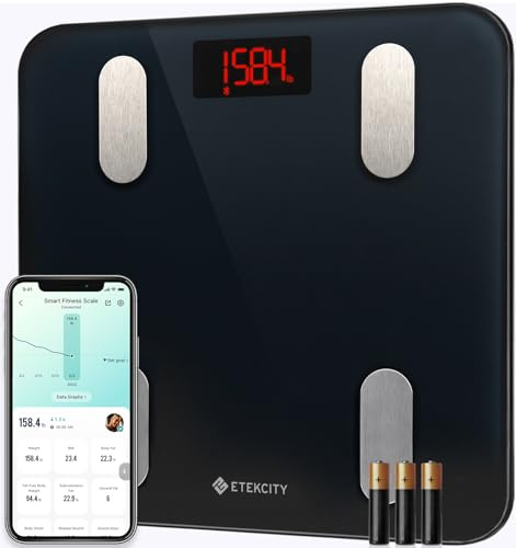 Etekcity Bilancia per grasso corporeo Bluetooth, ultra sottile, bilancia digitale intelligente con app per 13 dati del corpo, analizza BMI, peso, massa muscolare, acqua, proteina, BMR ecc. IOS e