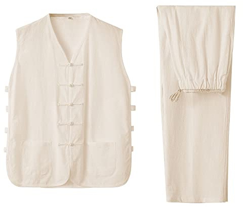 ZooBoo Chinese Kung Fu Mens Vest Pants Suit - Vintage Sleeveless Cotton and linen Vest Pants Sets(XL, White)
