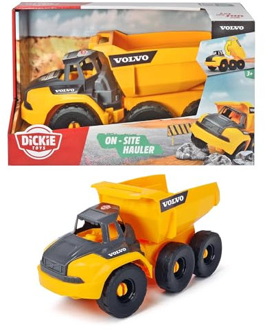 Dickie Toys Volvo Muldenkipper, Spielzeug Kipplaster mit Freilauf, bewegliche Gelenkachse hinter Führerhaus, bewegliche Ladefläche, offene Kabine, 26 cm, gelb/grau