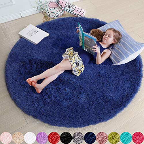 Navy Blue Round Rug 4Ft for BoysRoom Bedroom, Washable Circle Area Rugs for Kids room, Living Room Decor Aesthetic, Fluffy Shag Fur Throw Royal Dark Blue Carpet for Preppy Dorm Playroom Baby Nursery