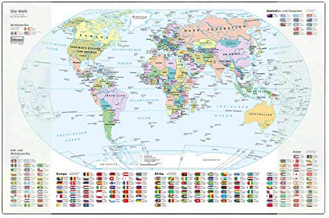 Idena 10447 - Schreibtischunterlage mit zwei Einstecktaschen, Weltkarte, ca. 58,5 x 38,5 cm groß, praktisches Zubehör für Kinder-, Jugend- und Arbeitszimmer