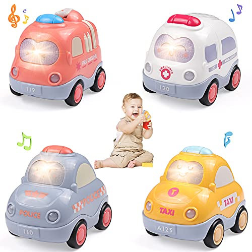 WolinTek 4 Pcs Auto Baby Spielzeug mit Licht und Musik,Drückauto ab 1 Jahr, Geschenk Junge 1 Jahr, Friktionsbetriebene, Pädagogisches Auto-Spielzeug für Jungen Mädchen ab 1 Jahr