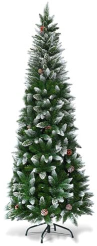 COSTWAY 180cm/220cm Künstlicher Bleistift Weihnachtsbaum mit Kiefernzapfen, schneebedeckter Tannenbaum mit Metallständer, Christbaum PVC Nadeln, Kunstbaum Weihnachten Klappsystem (220cm)