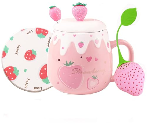 Söta jordgubbsmuggar rosa kaffemugg keramisk kawaii kopp morgon te mjölk frukt mugg med härligt lock rostfritt stål sked kreativ nyhet födelsedag alla hjärtans dag jul för älskare flicka 500 ml (B)
