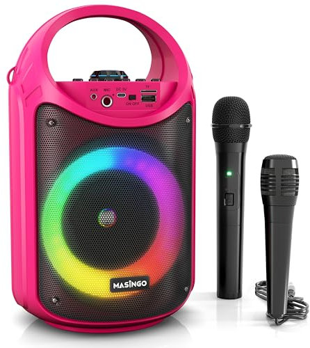 MASINGO Karaoke Machine for Kids and Adults with 1 Wireless Karaoke Microphone and 1 Wired Mic, PA Portable Speaker with LED Lights, Supports TF Card/USB, AUX/MIC in, TWS for Home Party, Burletta C10