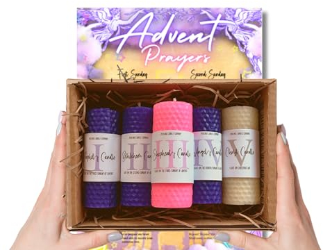 Phoenix Candle Company | Beeswax Advent Pillar Candles Set with Advent Prayers - 5 Count - Hand-Rolled