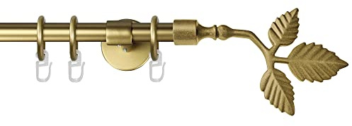 Garesa Gardinenstange Rustika Ø 16mm, 1-läufig, Gold, matt I Rustikale Vorhangstange aus Metall inkl. Ringe + Faltenlegehaken I Mit Endknopf Blatt I 220cm