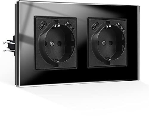 CNBINGO USB Steckdose Unterputz mit Krallen, 2x Typ AC, 2-Fach Schwarz Glas | Schuko Doppelsteckdose mit USB-A und Typ-C, Max.2,1 Amp, Schutzkontakt Wandsteckdose mit Kindersicherung, Glasrahmen