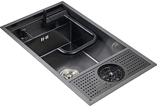 HczioN Schwarze Küchenspüle, Unterbauwaschbecken aus Edelstahl, Barspüle mit Spülbecken aus Glas und zusammenklappbarem Wasserhahn-Seifenspender