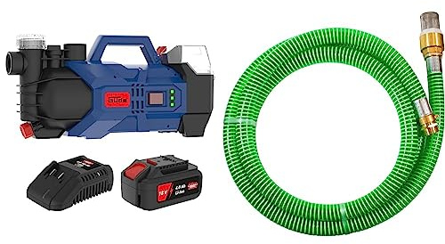 Güde GP 18-401-30 Akku Gartenpumpe, 72 W, 18 V, Blau & 94440 Sauggarnitur KA 4P (Spiral-Ansaugschlauch mit Messing-Fußventil und Edelstahl-Saugkorb, 4 m), Grün