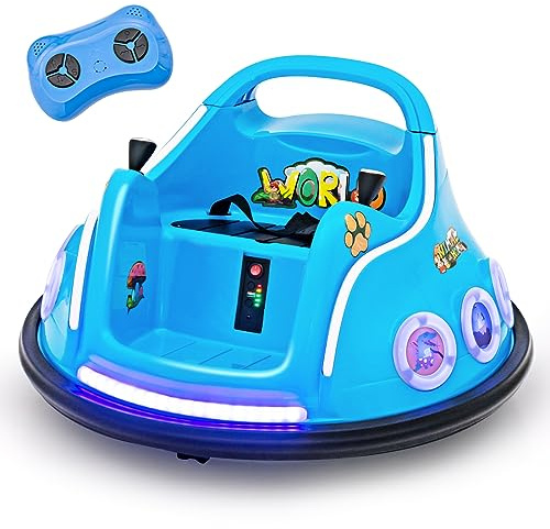 COSTWAY 12V Kinder Autoscooter 360 Grad Rotation, Elektro Bumper Car mit Musik und Lichtern, inkl. 2,4 Ghz Fernbedienung, ideal für Kinder ab 3 Jahre (Blau)
