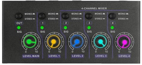Audio Mixer, 4-Kanal Mini mischpult mit USB Type-C, 4-in-1-Out Unterstützung Mono und Stereo-Audio-Mischpult, Geräuschunterdrückung, für kleine Bands