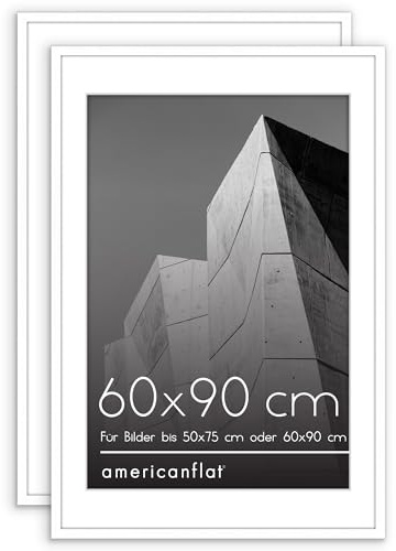 Americanflat 60x90 cm Bilderrahmen Set aus Kunststoff mit 50x75 cm Passepartout (2er Pack) - 90x60 Fotorahmen mit poliertem Plexi-Scheibe - integrierte Aufhängung für Hoch- und Querformat - Weiß
