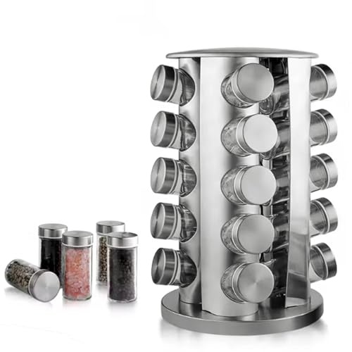 Ayedvan Revolving Spice Rack with 20 Jars, Rotating Spice Rack Organizer with Labels, Polished Stainless Steel with Black Caps, Stainless Steel Spice Carousel for Kitchen Countertop, Cabinet
