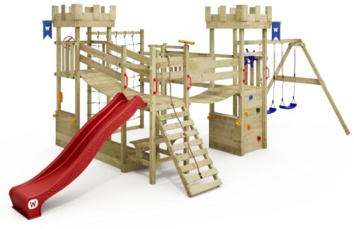 WICKEY Play Tower Knight's Castle Smart Arch with Swing & Red Slide, Outdoor Children's Climbing Tower with Sandpit, Ladder & Play Accessories for the Garden