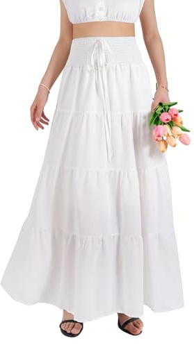 MYSSUCI Jupe Longue Femme de Taille Haute Elastique Maxi Jupe Ete A-Ligne 2 en 1 Jupe Boheme pour Décontractée Vacances L'été et la Plage(Blanc,L)