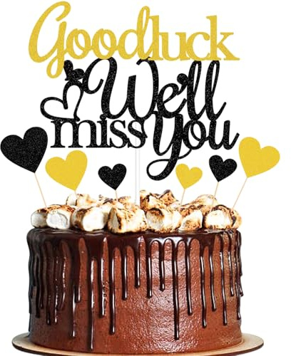 Elicola We Will Miss You Good Luck Cake Toppers Glitter We Will Miss You Cake Topper for Job Change Retirement Graduation Party Cake Decorations, Black Gold