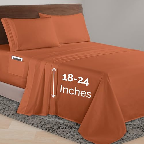 Elegant Comfort Luxurious 1500 Premium Hotel Quality Microfiber 4-Piece Sheet Set, 18-24 Inches Deep - Extra Deep Pocket Sheets - Ultra Soft 4PC Deep Pocket Sheets, Queen, Coral